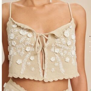 Cult Gaia Tiffanie Knit Top with Hand Crocheted Floral detailing Size Small NWT